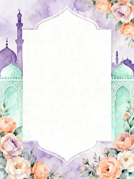 Watercolor Islamic Arch Frame with Mosque Silhouette and Floral Decoration Background