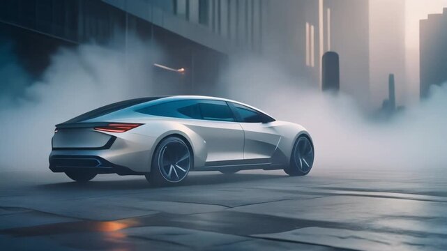 Firefly futuristic sports car with sleek aerodynamic lines resting in a misty urban plaza