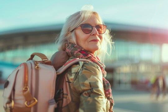 Senior tourist woman wearing sunglasses and backpack is visiting a new city