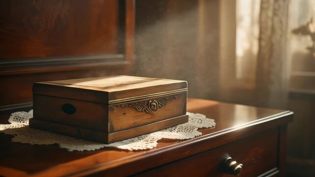 Firefly weathered wooden music box resting ajar on lace doily with sepia tones