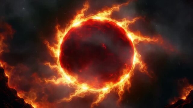 Perfect red circle with flame spikes, representing symbolic yagna fire on dark background