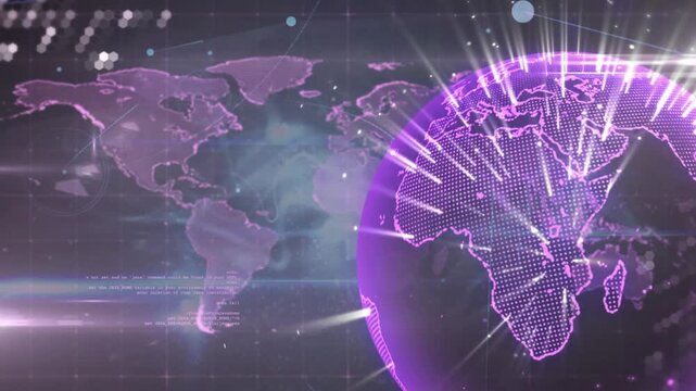 Animation of globe, lens flares, wave pattern, floating dots and map on abstract background