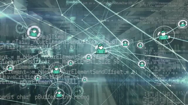 Animation of connected icons, sound waves, programming language and lens flare on server room