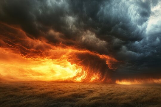 Dramatic sunset with storm clouds gathering over a golden field in the countryside