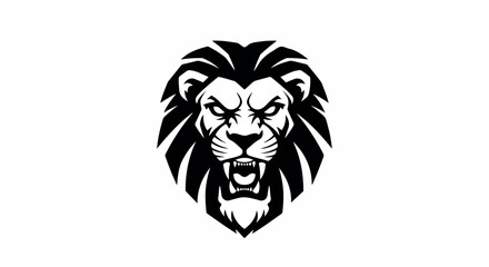 Fototapeta premium Black and white illustration of a lion's head with an open mouth on a plain white background.