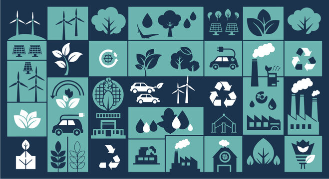 A comprehensive collection of eco-friendly icons representing sustainable energy, environmental protection, and green technology solutions.