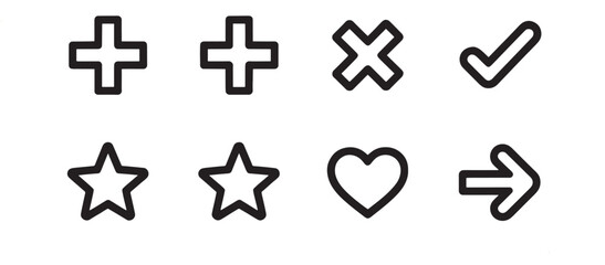 Obraz premium A group of fundamental outline interface icons displaying common actions like plus, cross, checkmark, star, and heart shapes are presented sequentially.