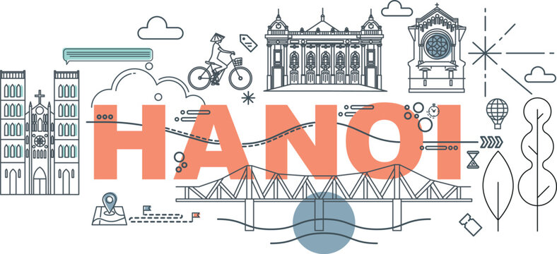 Hanoi culture travel set, video split screen famous architecture in flat design. Vietnam Memphis. Business travel, tourism concept clipart. Image for presentation, banner, website, advert, flyer, icon
