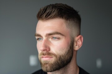 Obraz premium Close up portrait of a thoughtful young man with stylish short hair and beard, gazing into the distance against a neutral background