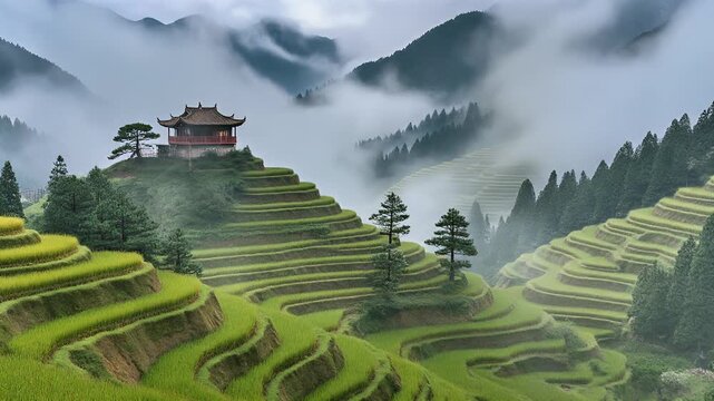 A scenic panoramic view of terraced rice fields winding up a hillside beneath a cloudy sky, with a pagoda-style structure
