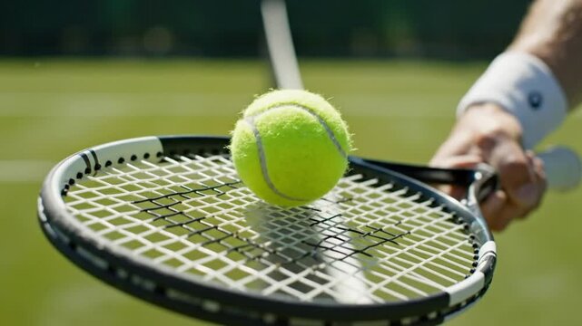 Closeup of tennis ball resting on racket with player holding it on a grass court during daytime