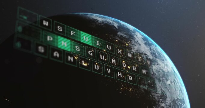 Animation of illuminated pattern moving on letters of keyboard, globe against abstract background