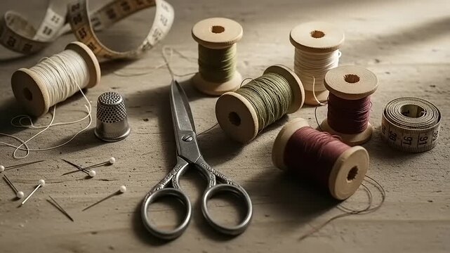 Vintage Sewing Supplies on Wooden Table with Thread Spools Scissors and Thimble.
