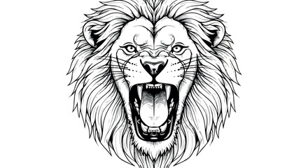 Obraz premium Detailed illustration of a roaring lion's head with a fierce expression on a plain white background.