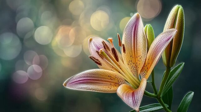 Close-up of a vibrant orange lily with pink stripes against a blurred background of colorful bokeh lights.
