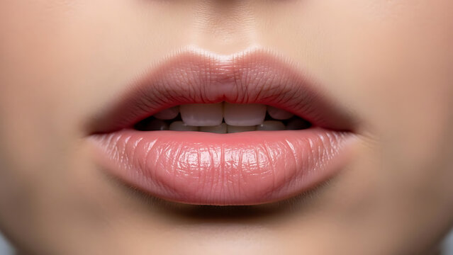 Detailed macro photography of soft human lips with a gentle expression focusing on dermatology, natural skin texture, and lip care hygiene products.