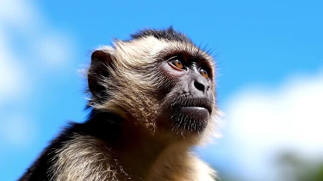 A detailed realistic monkey portrait against a blue sky with white clouds