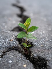 A seedling growing out of a crack in concrete asphalt, resilience and nature power concept