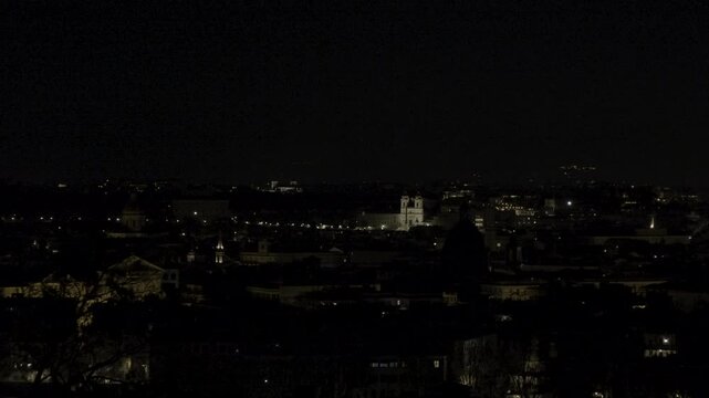 Night panorama of Rome from Janiculum terrace 01, urban skyline lights, cinematic pan, 4K