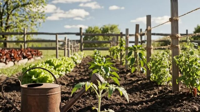 Gardener planting tomato seedling in a sunny vegetable patch with gardening tools and watering can