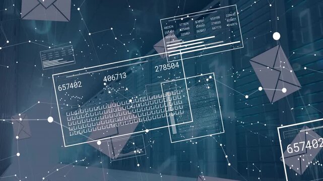 Animation of envelope icons and digital data processing over computer servers