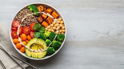 Vibrant Vegetarian Buddha Bowl Packed with Fresh Ingredients and Creamy Dressing