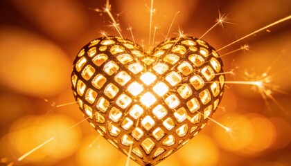 Obraz premium Golden heart lantern with sparkling fireworks, symbolizing love and celebration