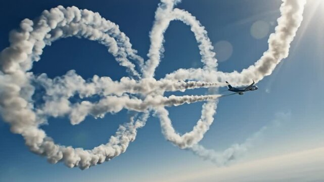 Commercial airplane performing aerial acrobatics in a blue sky creating smoke trail patterns of circles and loops