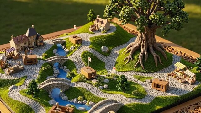 Miniature Fantasy Village with Castle and Tree.
