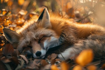 Fototapeta premium Wild red fox curled up, sleeping peacefully amidst a bed of colorful autumn leaves, bathed in the warm, golden light of sunset