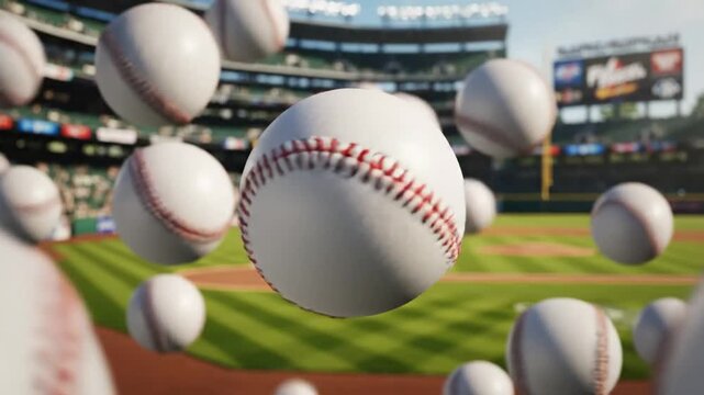 Close up view of baseballs floating in air above a baseball field in slow motion