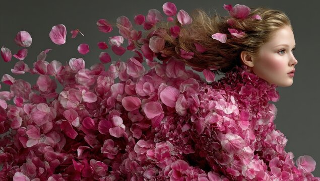A beautiful woman portrait featuring flowing flower petals in the breeze, idea for beauty, dream, Women&rsquo;s Day theme, image