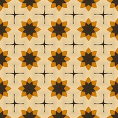 Seamless autumn leaves and golden star pattern with fall maple leaves in warm yellow and orange tones