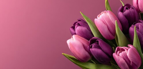 Obraz premium Spring tulip blossoms placed on a pink backdrop in a top‑down flat lay, ideal for a Women’s or Mother’s Day greeting, a spring sale banner, or generated by modern