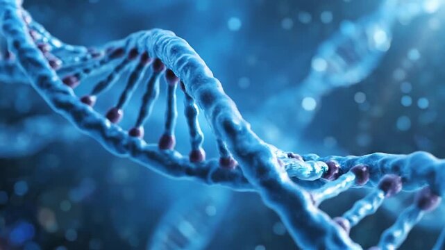Detailed three dimensional rendering illustrating the intricate structure of a blue deoxyribonucleic acid helix molecule floating in a dark microscopic environment for biological research concepts.