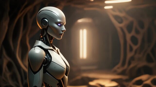 Sleek mobile operating system in a dim futuristic chamber: smooth metallic surfaces, articulated joints, and soft backlighting