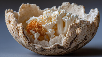 Sustainable packaging innovation with macro photography of mycelium-based material growing, enveloping high-tech product, organic textural details, eco-friendly design, defocused b