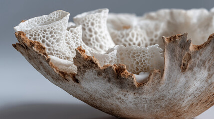 Sustainable packaging innovation with macro photography of mycelium-based material growing, enveloping high-tech product, organic textural details, eco-friendly design, defocused b