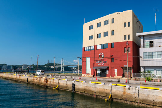 Mojiko beer house and  Kanmon Bridge view from Retro Town by sea