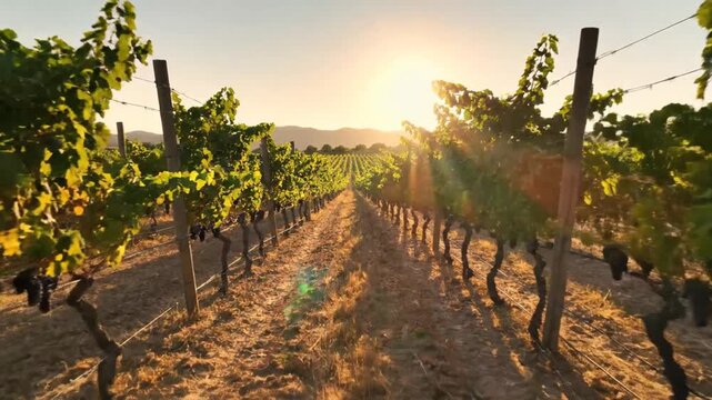 Golden hour illuminates rows of grapevines in a picturesque vineyard. Sunlight peeks through the leaves