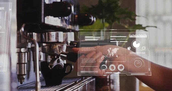 Barista holding portafilter against espresso machine, overlaying digital charts graphs pie charts