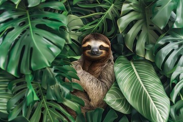 Obraz premium Happy sloth resting amidst vibrant green leaves, enjoying the tranquility of nature