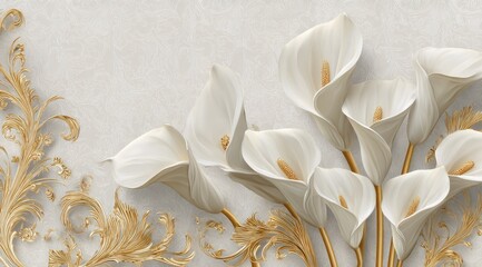 Close-up of elegant, white calla lilies and elaborate golden filigree against a textured cream background. A luxurious and detailed floral design