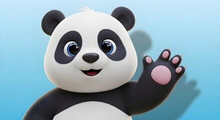 Obraz premium A very cute and adorable 3D panda character waving. The cartoon design with big, clear blue eyes appears cheerful on a soft light blue background.