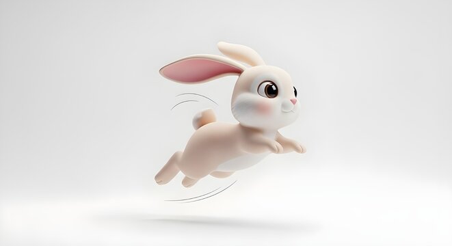 A very cute 3D rabbit character is jumping nimbly. The minimalist cartoon design, in soft cream and rosy cheeks, looks adorable on a clean white background.