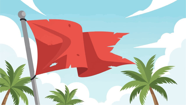 Torn red flag waving on pole, with palm trees and clouds