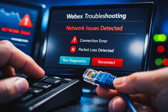Network Issues Detected: Webex Troubleshooting Screen Displaying Connection Error and Packet Loss. IT Specialist Diagnosing Internet Problem Holding Ethernet Cable for Repair and Diagnostics.