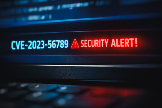 Critical Security Alert Screen Displaying CVE Code and Warning Sign. Cybersecurity Threat, Vulnerability Exploitation, Data Breach Risk, and Hacking concept on a dark digital interface.
