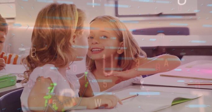 Two girl students whispering at classroom desk, combining education theme with animated chart icons