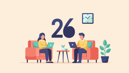 Fototapeta premium Two individuals working on laptops in a cozy setting with a large number 26 and a clock